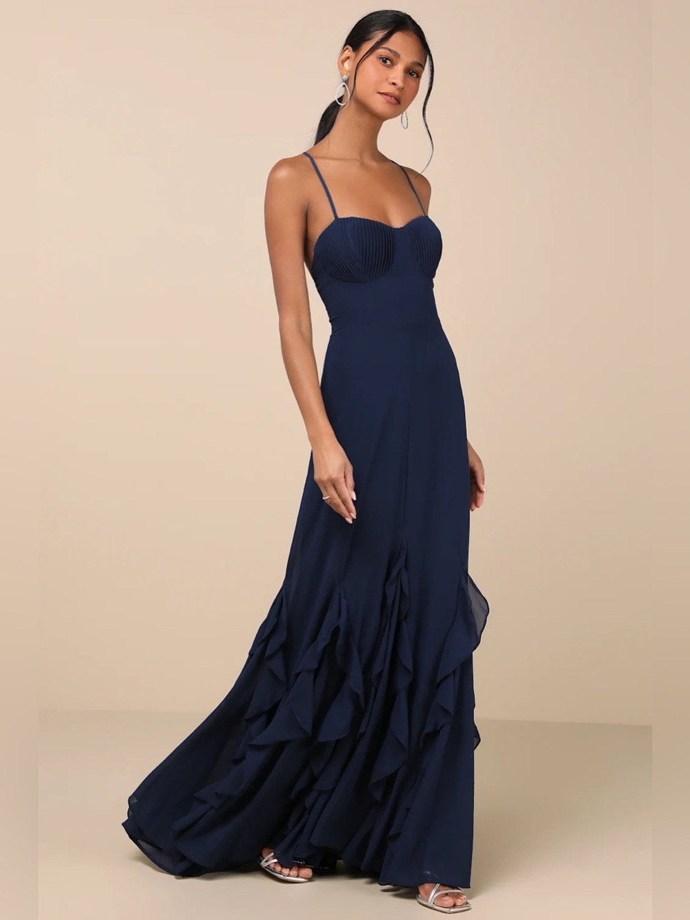 Lulus Priela Dark Navy Ruffled Lace-Up Maxi Dress Evening Gown XS NWT Prom Party - Picture 3 of 11